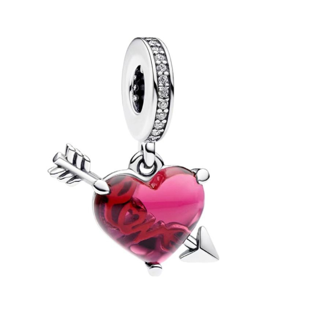 Cupid's Arrow Murano Glass Heart Dangle Charm with rose and Cupid's arrow detail in fuchsia red glass.