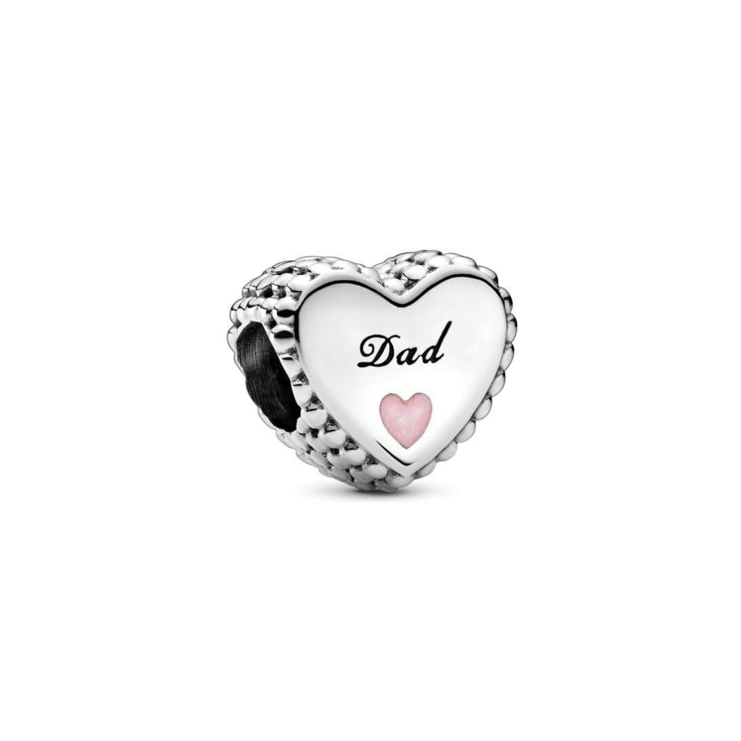 Dad Heart Charm featuring a beaded silver heart with 'Dad' in script and a pink enamel heart beneath.