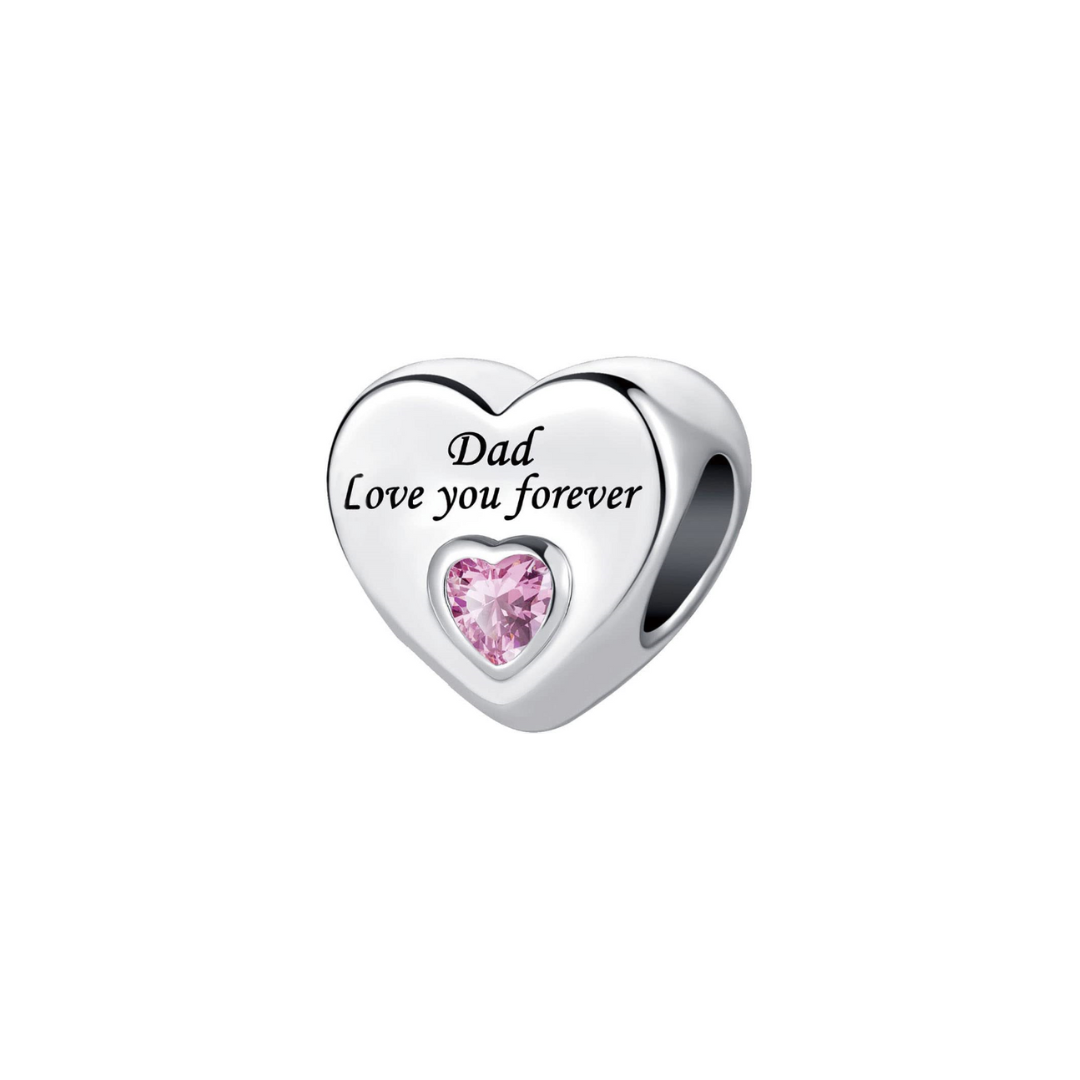 Dad Love You Forever Heart Charm featuring a silver heart with pink crystal, engraved with heartfelt message.