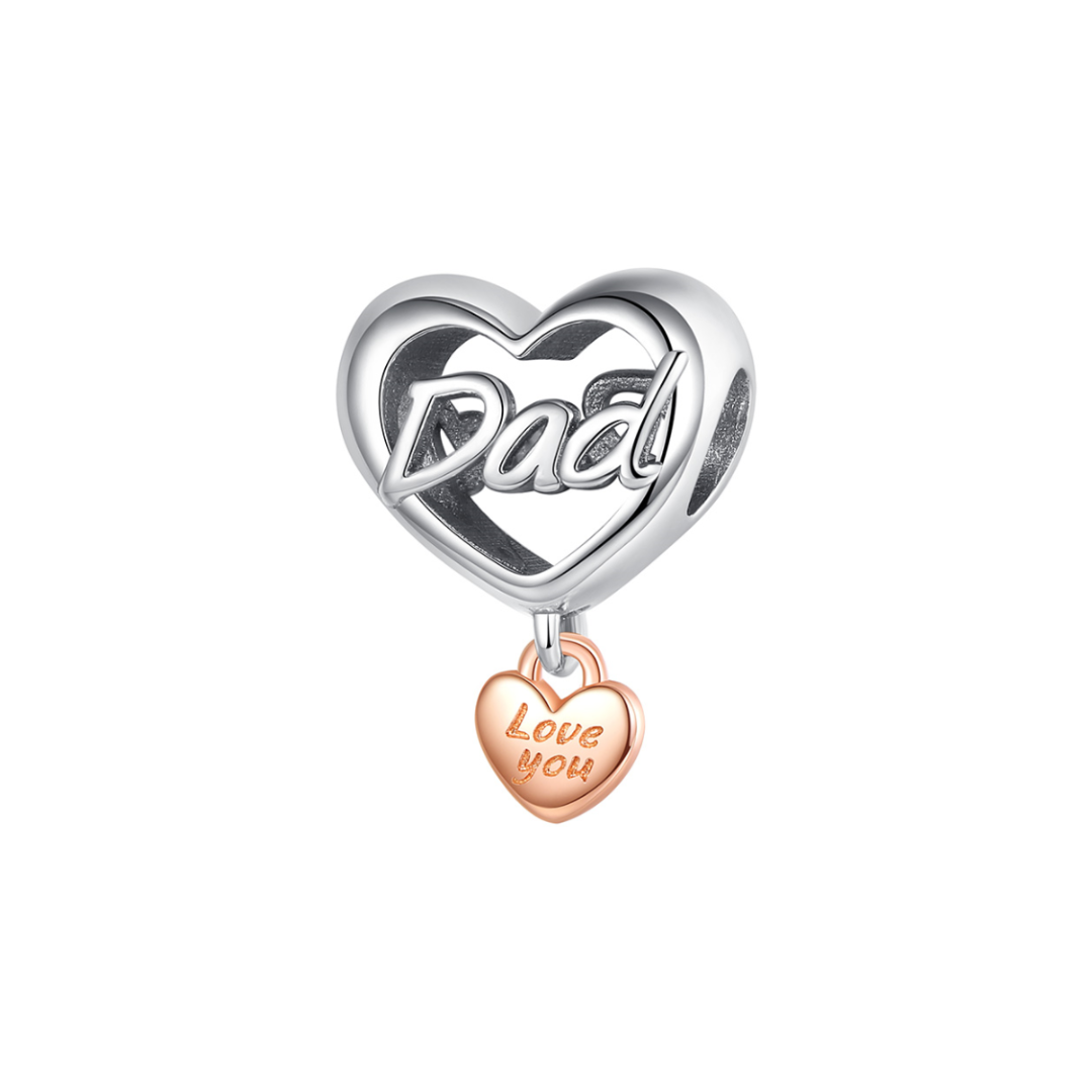 Dad Love You Heart Charm featuring a silver heart with Dad and a rose gold Love You dangle charm.