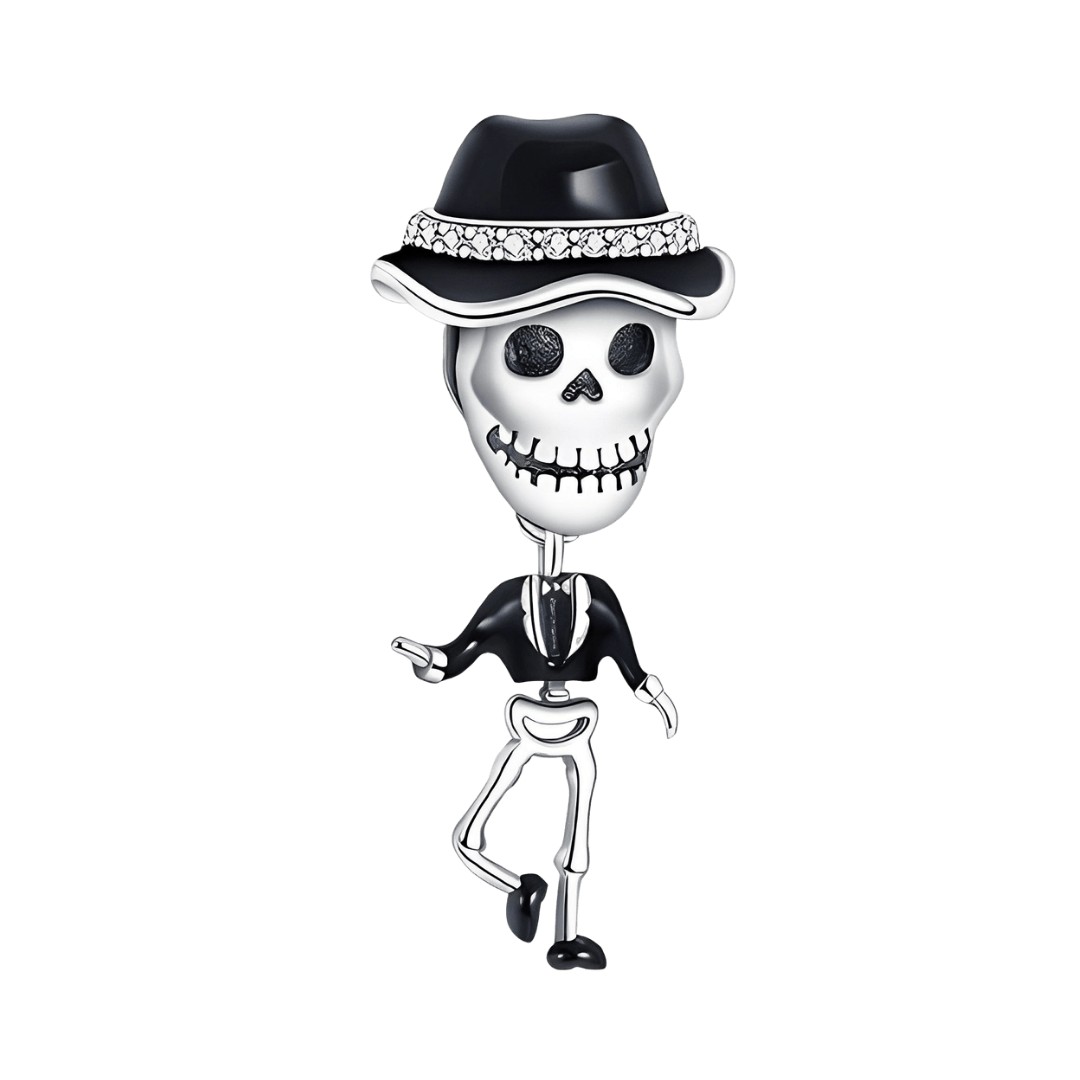 Dancing Skeleton Charm (DISCONTINUED) in black suit and hat, dancing pose with sparkling accents.