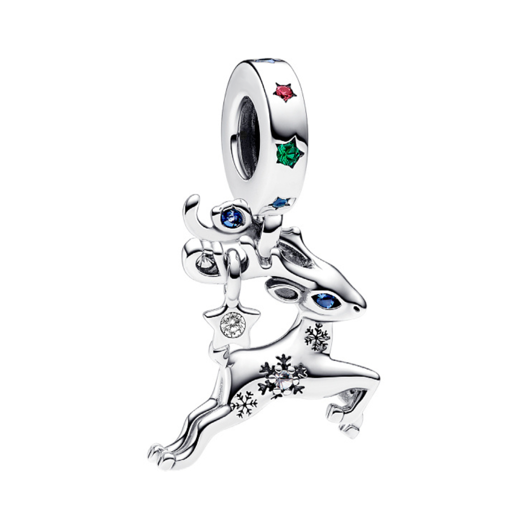 Dasher the Reindeer Christmas Dangle Charm featuring silver reindeer, blue crystal eyes, and colorful star details.