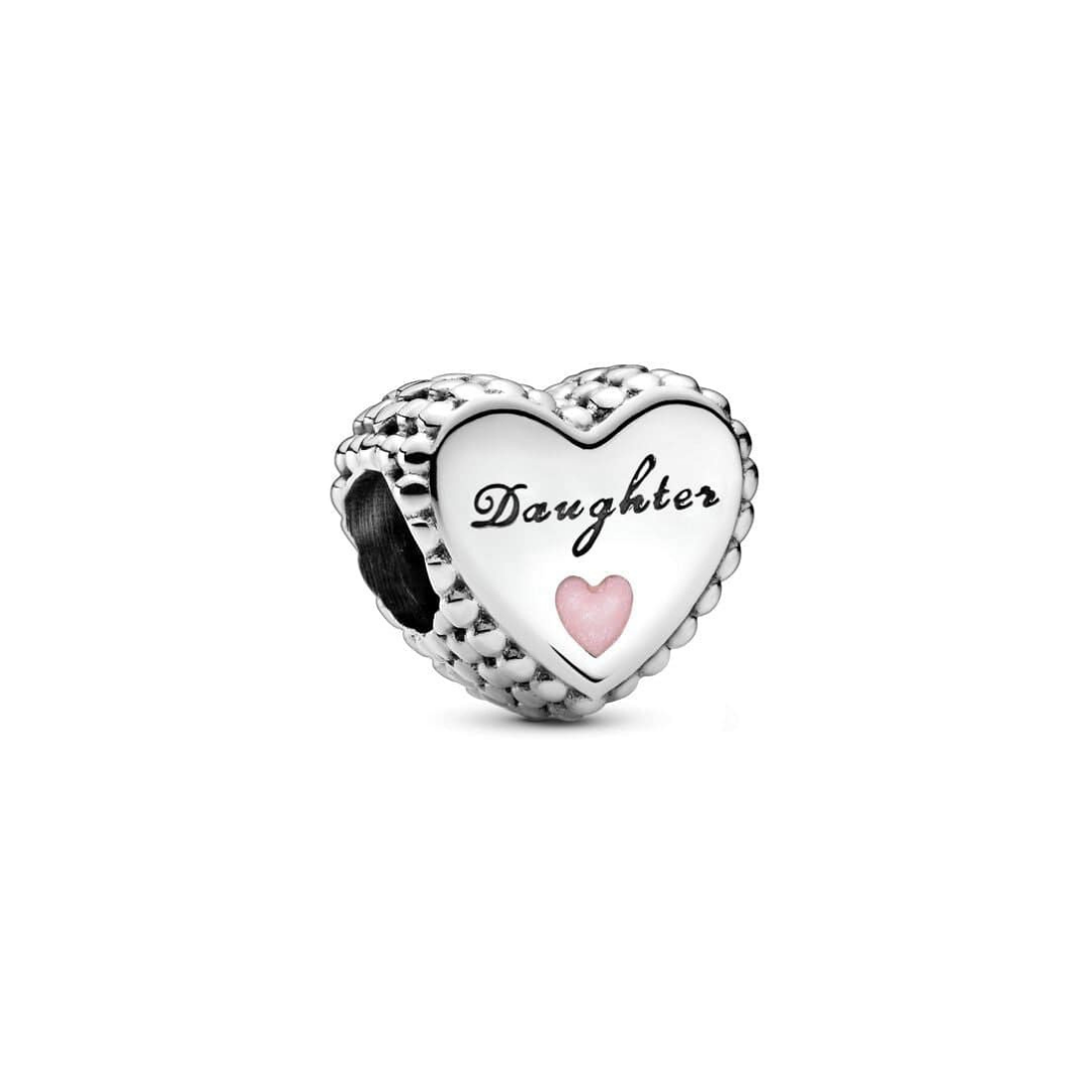 Daughter Heart Charm featuring a silver heart with 'Daughter' script and a pink enamel heart underneath.