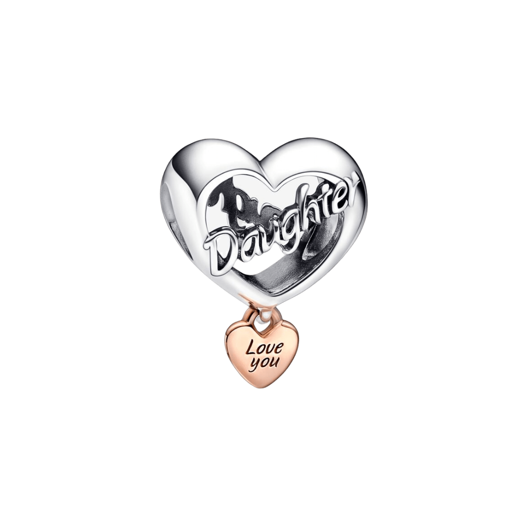 Daughter Love You Heart Charm - silver heart with 'Daughter' and rose gold 'Love you' dangle.