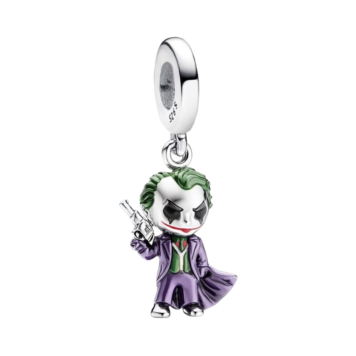 DC Comics The Joker Dangle Charm featuring a chibi Joker with green hair, purple coat, and tiny revolver.
