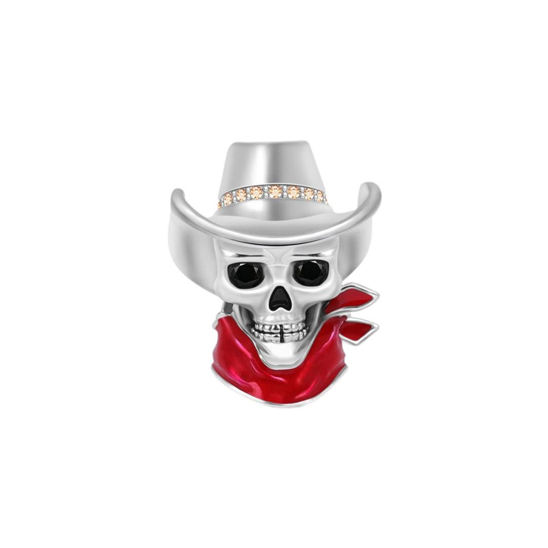Dead West Cowboy Skull Charm featuring a silver skull with a cowboy hat and red bandana, adorned with sparkling stones.