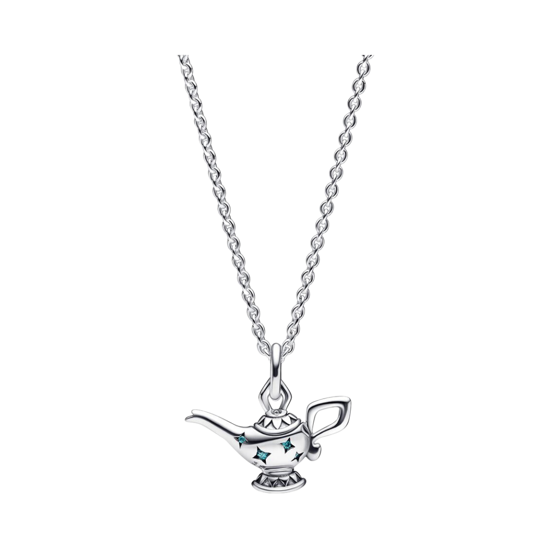 Disney Aladdin Genie Lamp Necklace featuring a silver chain and a lantern charm adorned with gemstones.