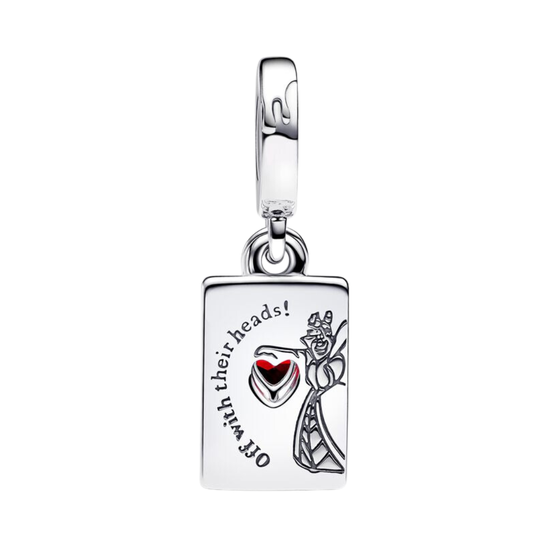 Disney Alice in Wonderland Queen of Hearts Card Dangle Charm featuring a heart and 'Off with their heads!' inscription.