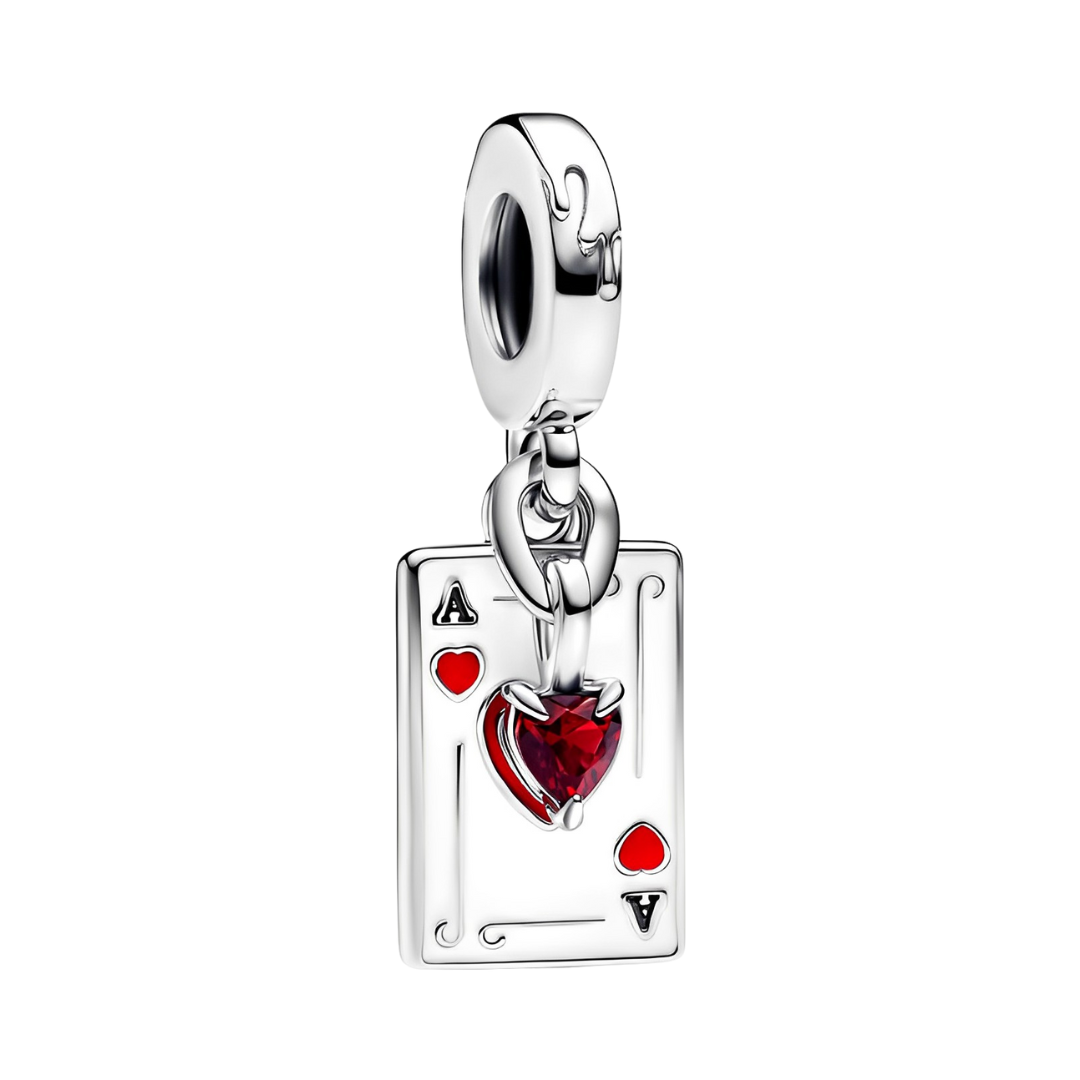 Disney Alice in Wonderland Queen of Hearts Card Dangle Charm featuring a silver card with a red heart gem