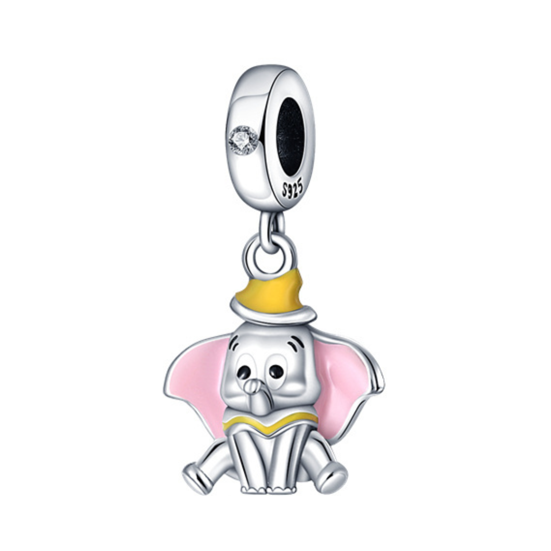 Disney Baby Dumbo dangle charm featuring the adorable flying elephant with pink ears and a yellow hat.