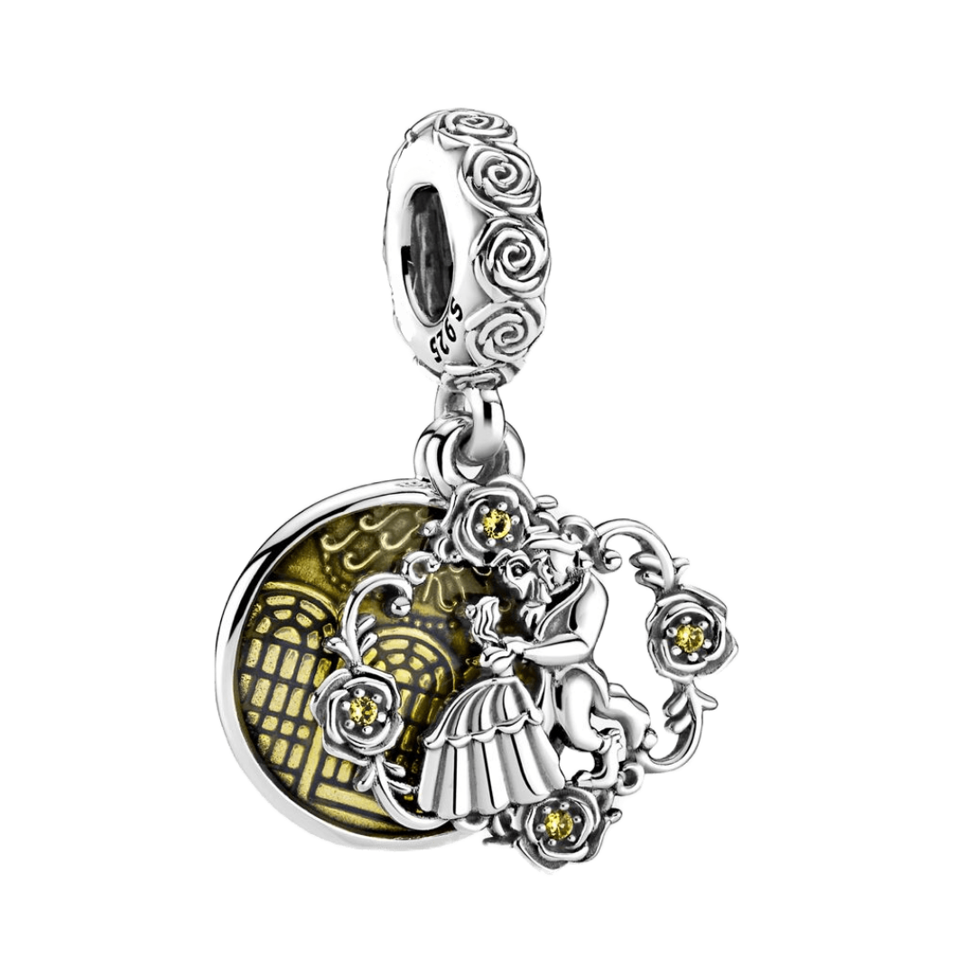 Disney Beauty and the Beast Belle and Beast Dangle Charm featuring intricate design and romantic elements.