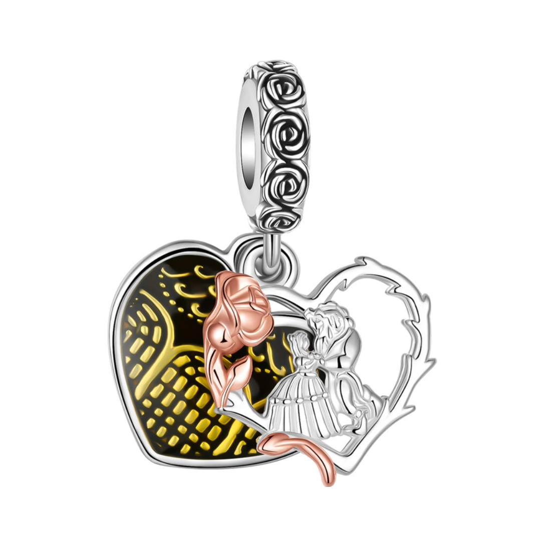 Disney Beauty and the Beast Belle and Beast Heart Dangle Charm featuring Belle and Beast with rose design.