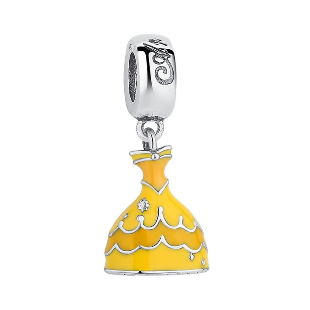 Disney Beauty and the Beast Belle Dress Dangle Charm featuring a radiant yellow dress design.