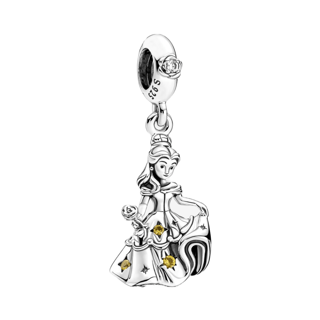Disney Beauty and the Beast Dancing Belle Dangle Charm featuring Belle in a ballgown with a rose and sparkling details