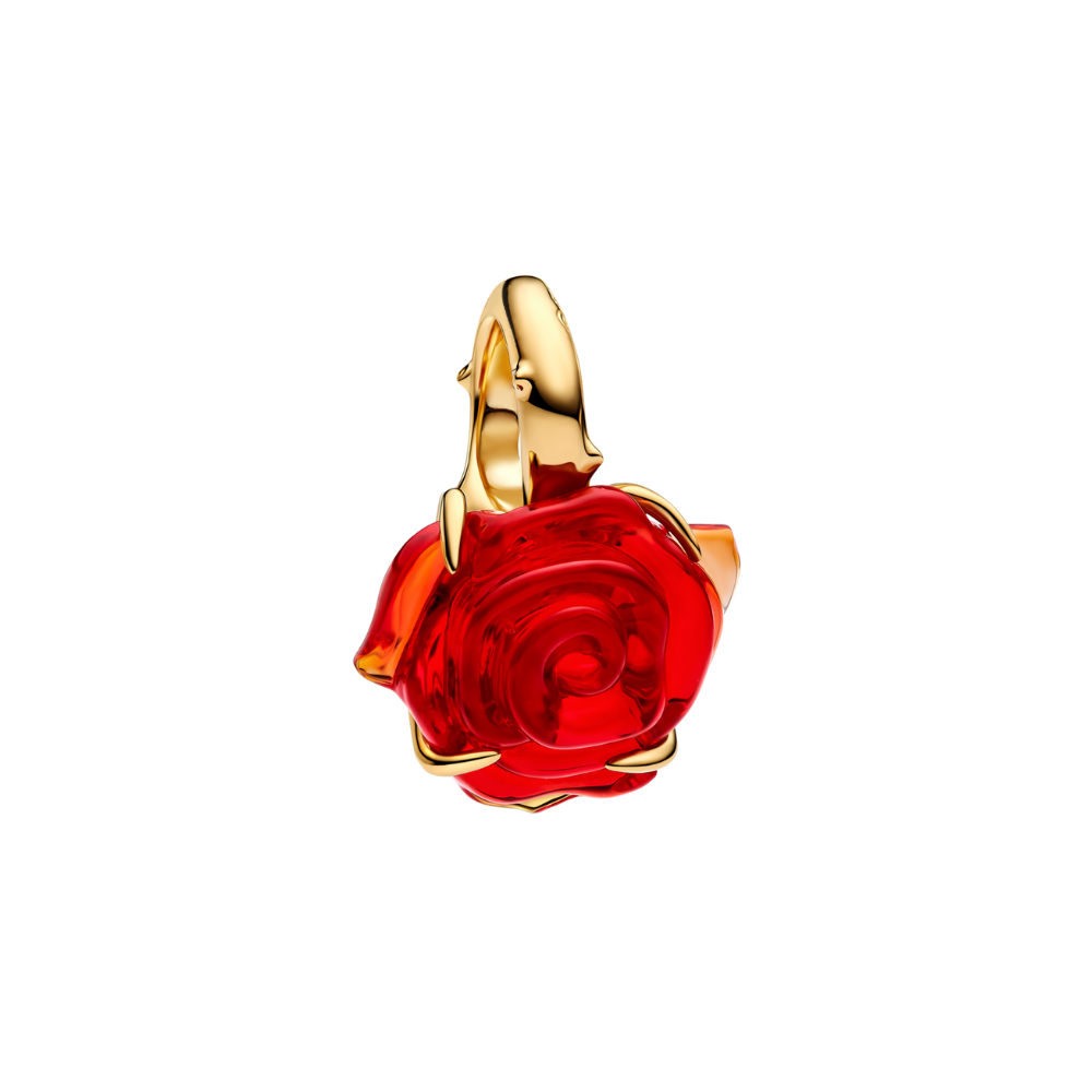 Beauty and the Beast Enchanted Golden Rose Charm with a red rose encased in golden detailing.