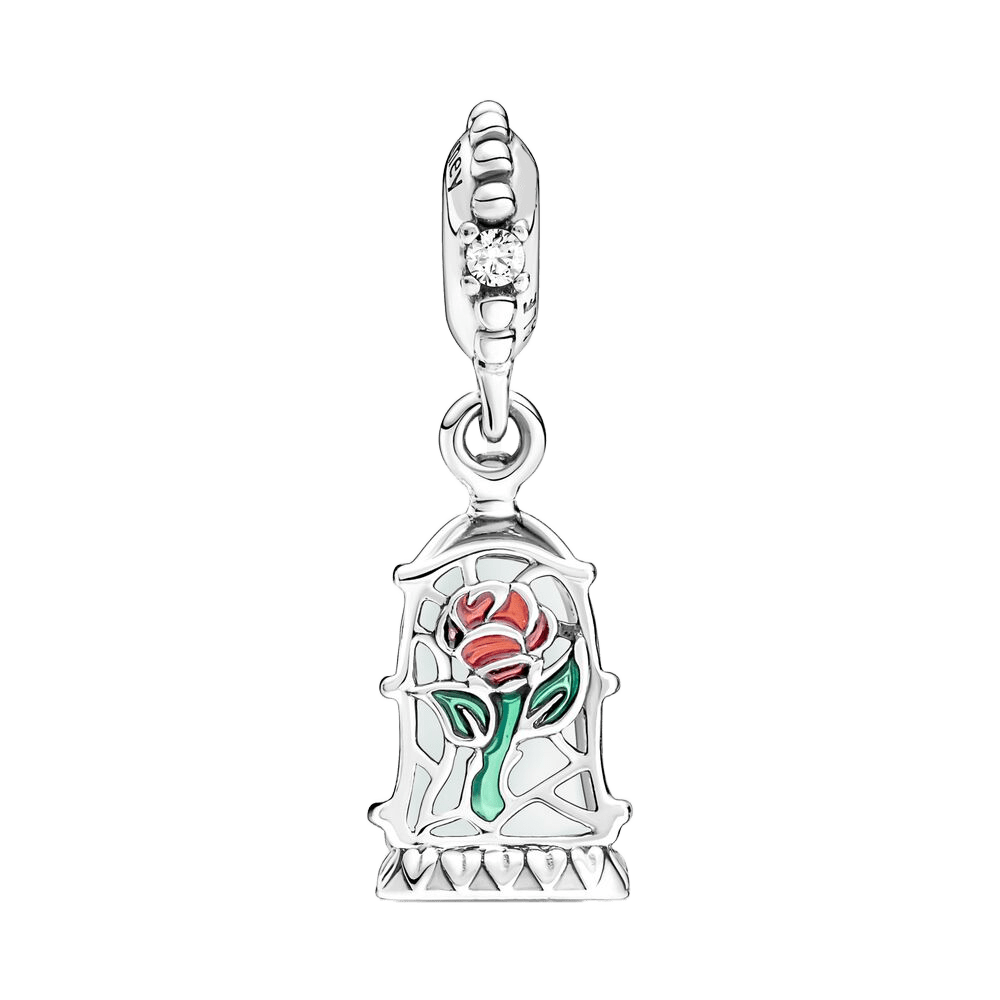 Disney Beauty and the Beast Enchanted Rose Dangle Charm showcasing a delicate rose inside a glass dome.
