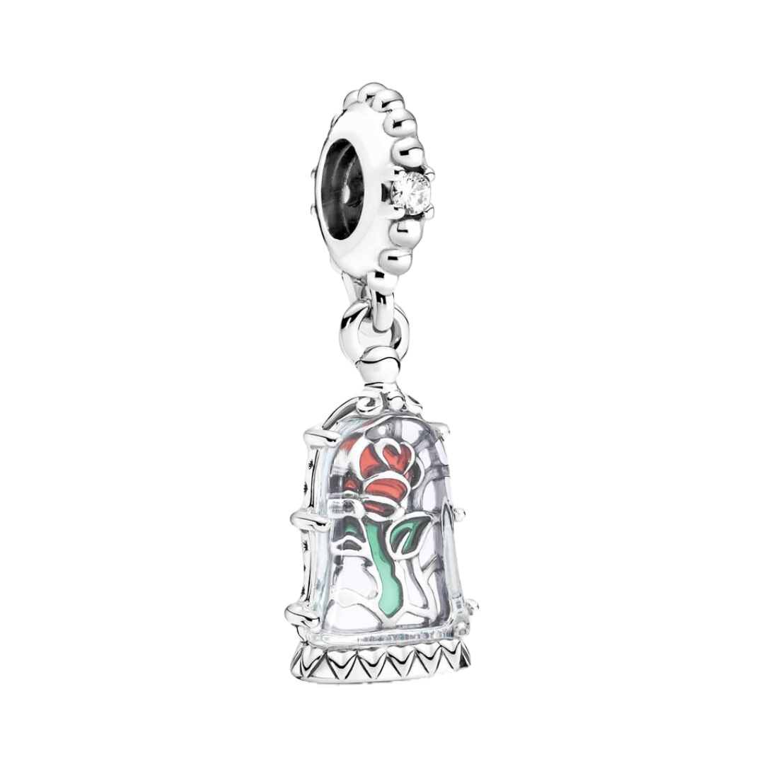 Disney Beauty and the Beast Enchanted Rose Dangle Charm featuring a beautiful rose in a glass dome.