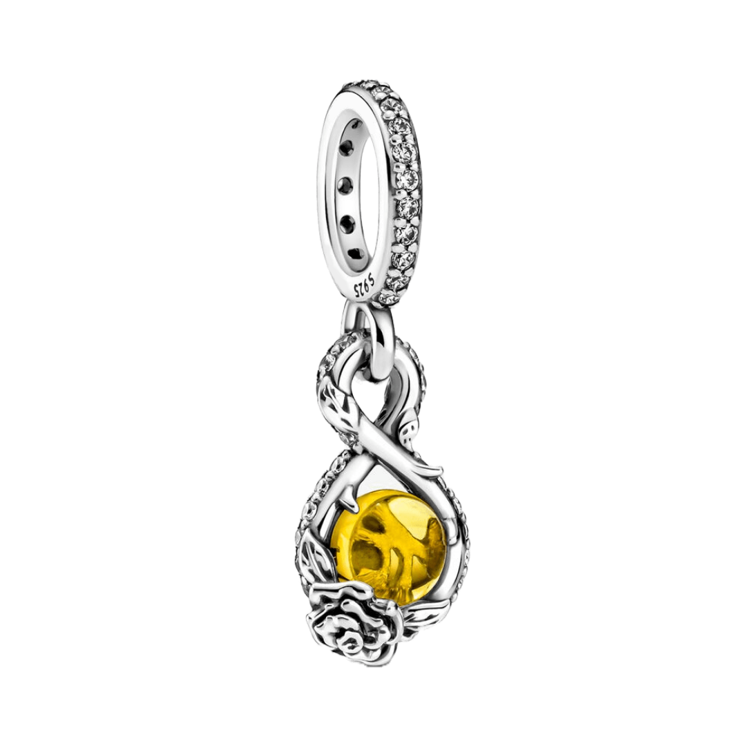 Disney Beauty and the Beast Enchanted Rose Pendant with amber orb and silver infinity symbol.