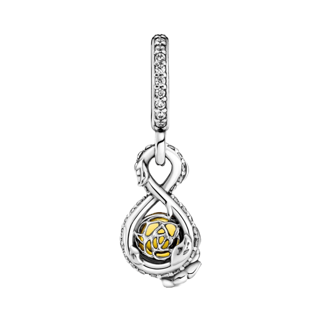 Disney Beauty and the Beast Enchanted Rose Pendant with amber glass orb and silver infinity symbol.