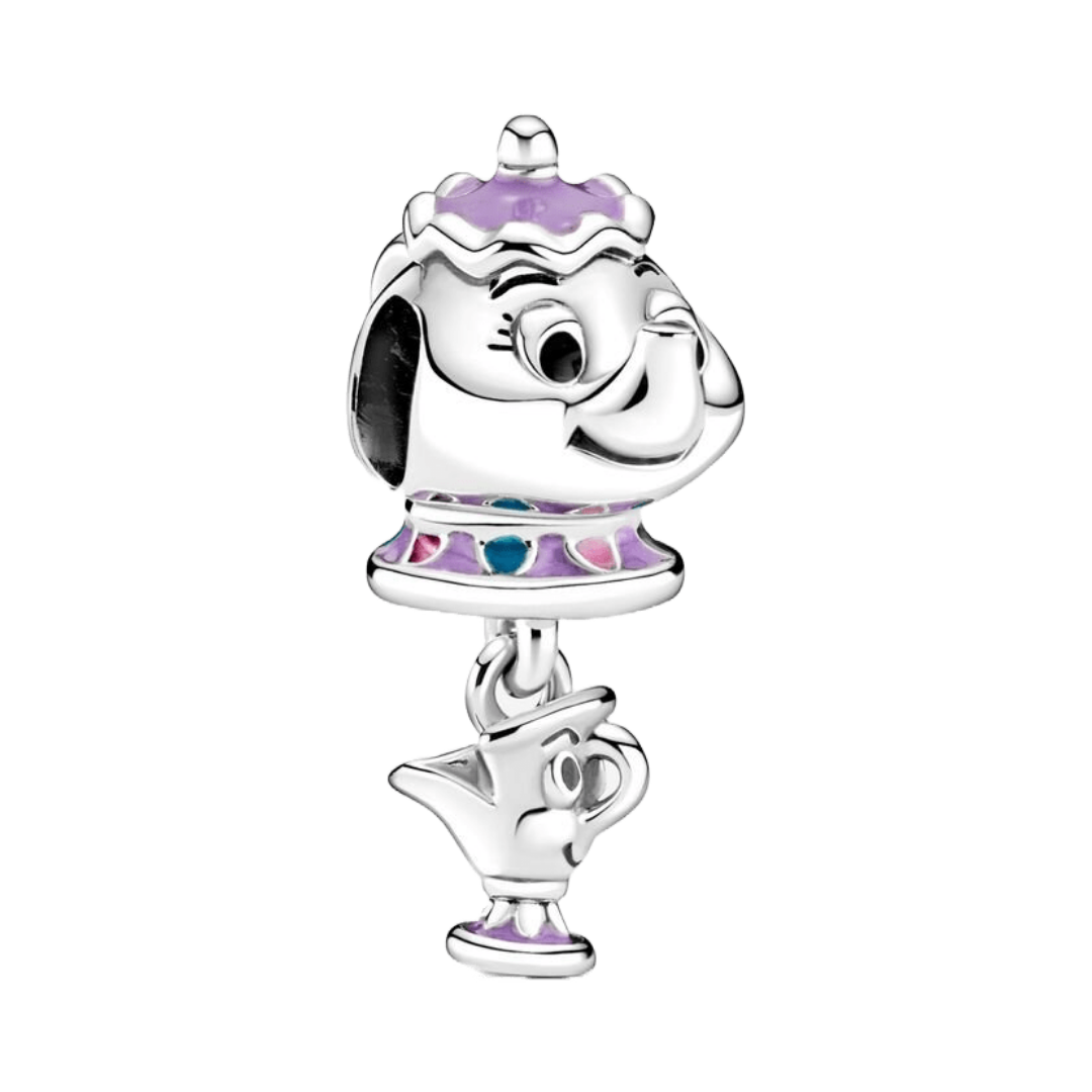 Disney Beauty and the Beast Mrs Potts and Chip Dangle Charm featuring Mrs Potts and Chip design in silver and enamel.