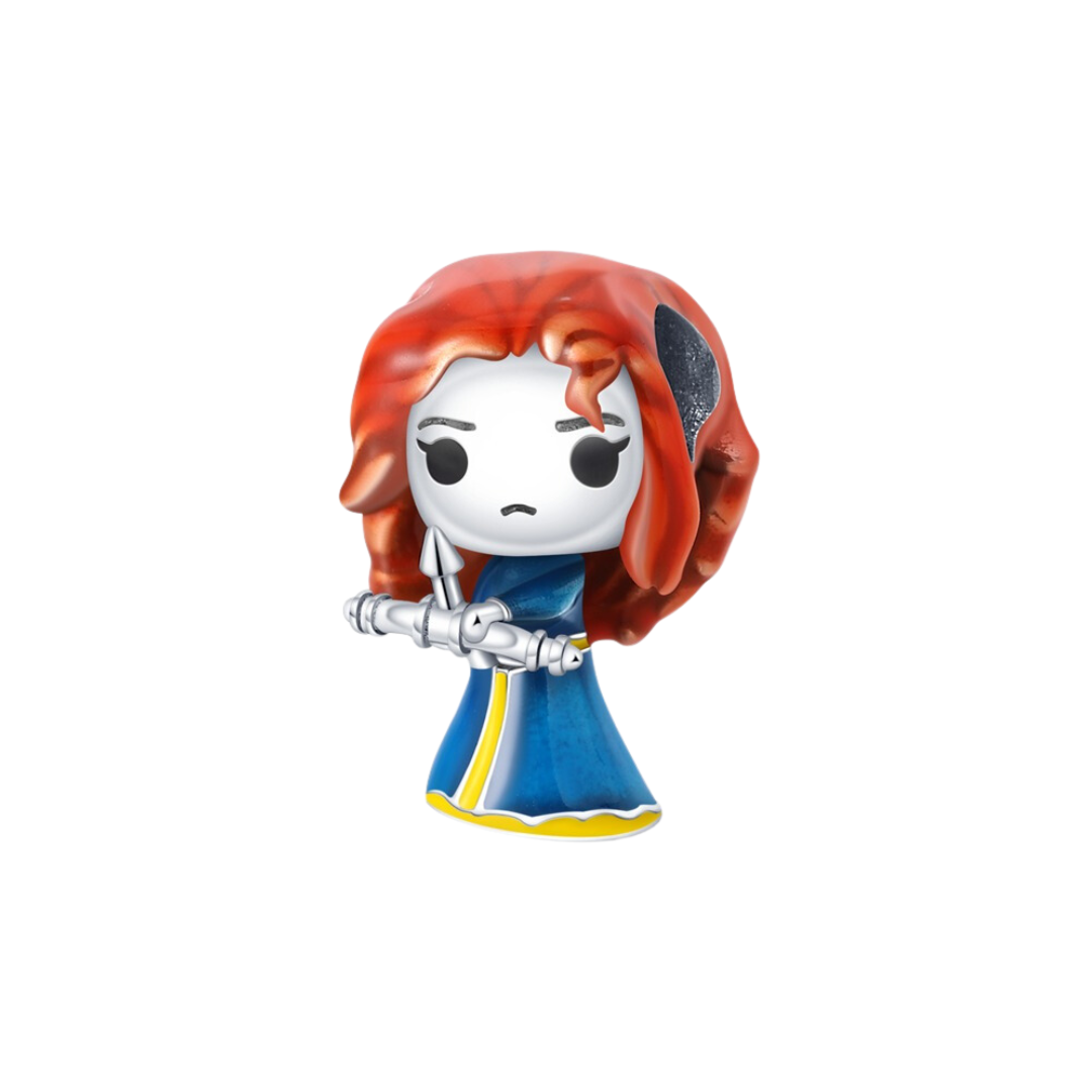 Disney Brave Princess Merida Glow Charm featuring Merida with red hair and blue dress holding a silver bow.
