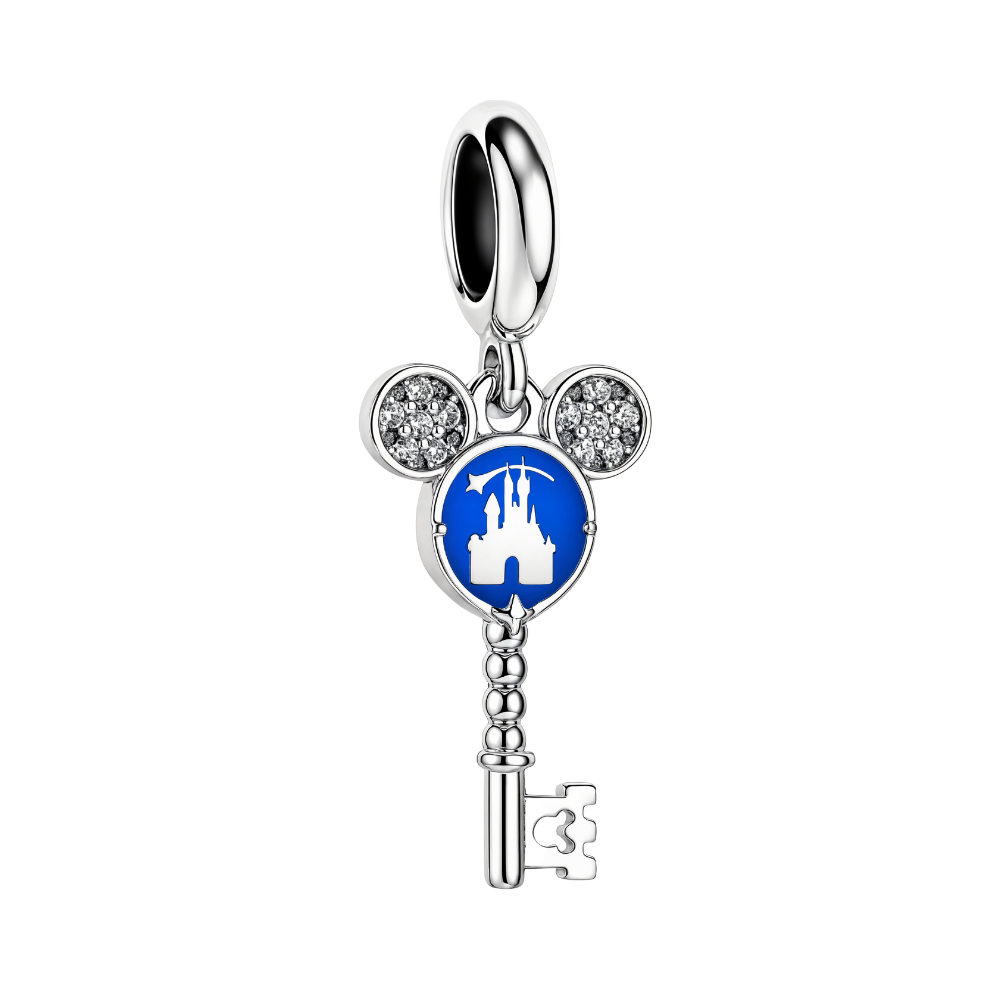 Disney Castle Key Dangle Charm featuring a blue enamel and Mickey ears design with sparkling accents.
