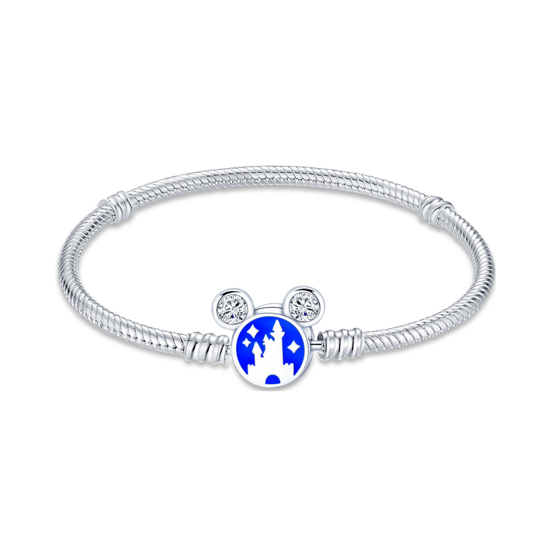 Disney Castle Snake Chain Bracelet featuring blue enamel clasp and Mickey-shaped ears with sparkling stones