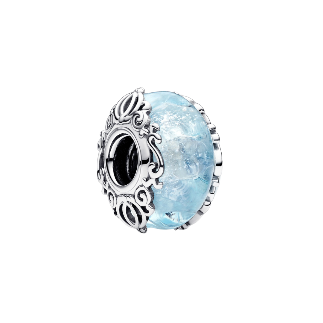 Disney Cinderella Carriage Murano Charm in soft blue tones with elegant silver detailing.