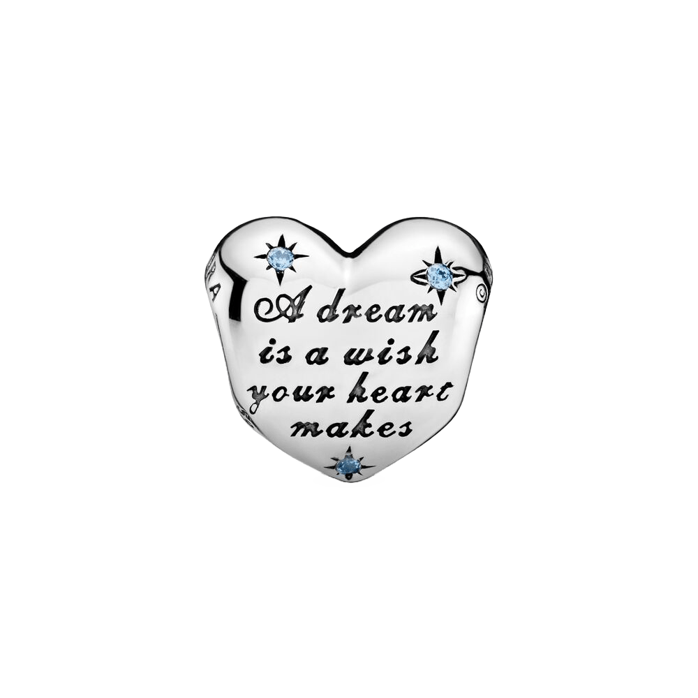 Disney Cinderella Dream Heart Charm with the quote 'A dream is a wish your heart makes' and blue accents.