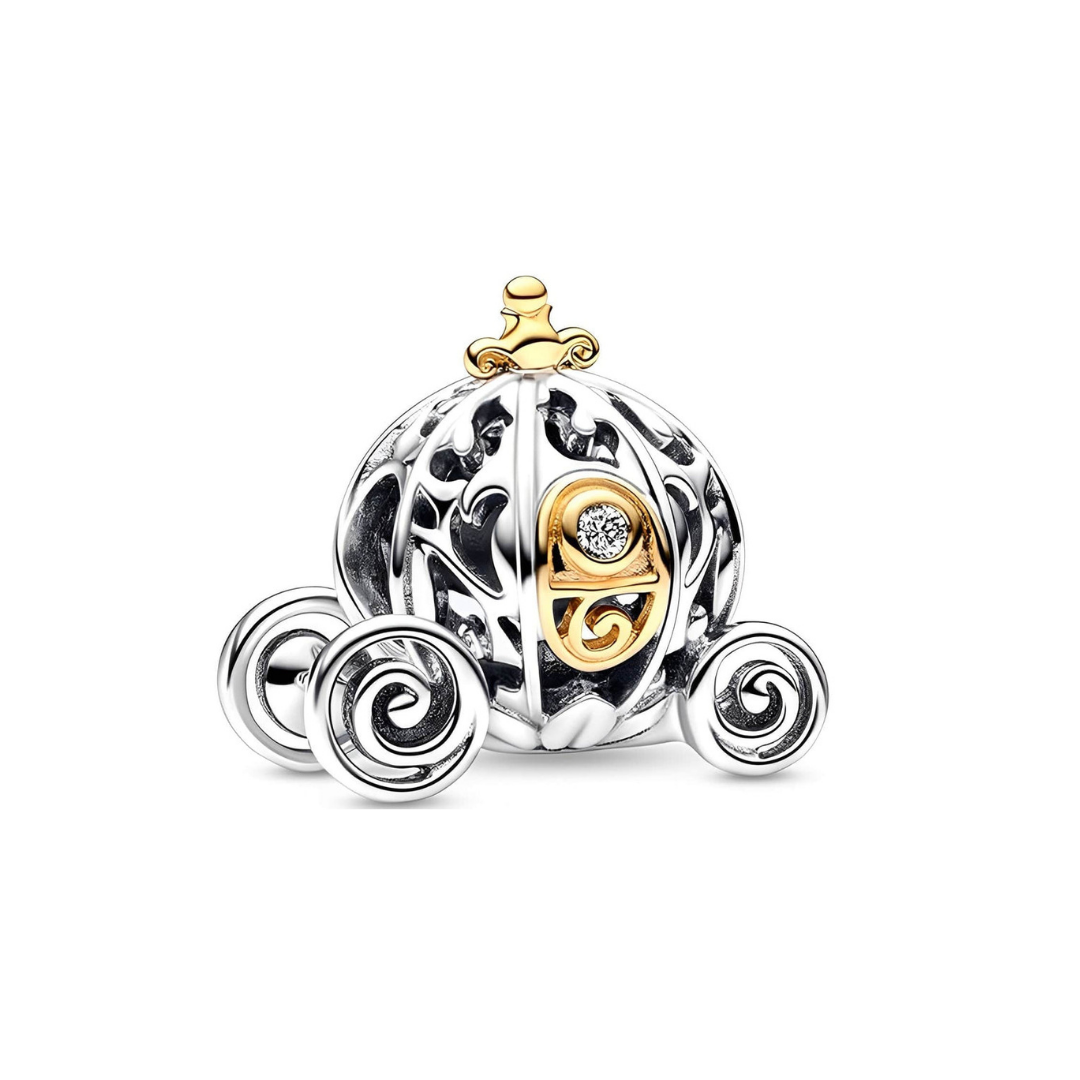 Disney Cinderella Enchanted Carriage Charm featuring intricate silver design and a golden crown.