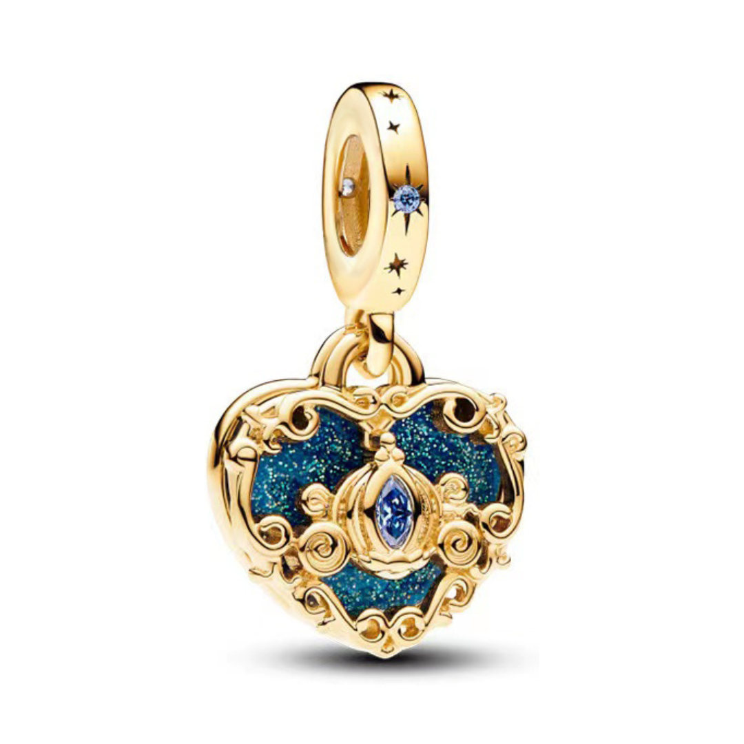 Disney Cinderella Enchanted Carriage Dangle Charm in gold with intricate heart design and sparkling details.