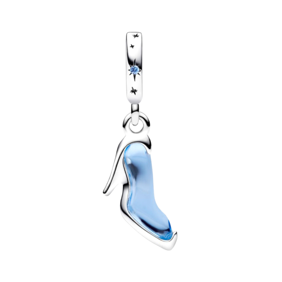 Disney Cinderella Glass Slipper Murano Dangle Charm featuring a stunning blue glass slipper design.