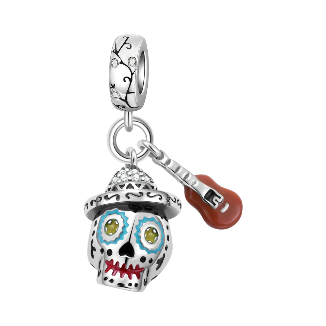 Disney Coco Skull and Guitar Dangle Charm showcasing vibrant skull and guitar design celebrating music and tradition.