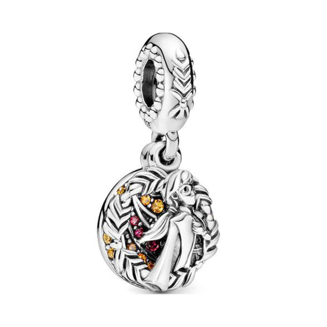 Disney Frozen Anna Dangle Charm featuring Anna surrounded by colorful gemstones and floral details.