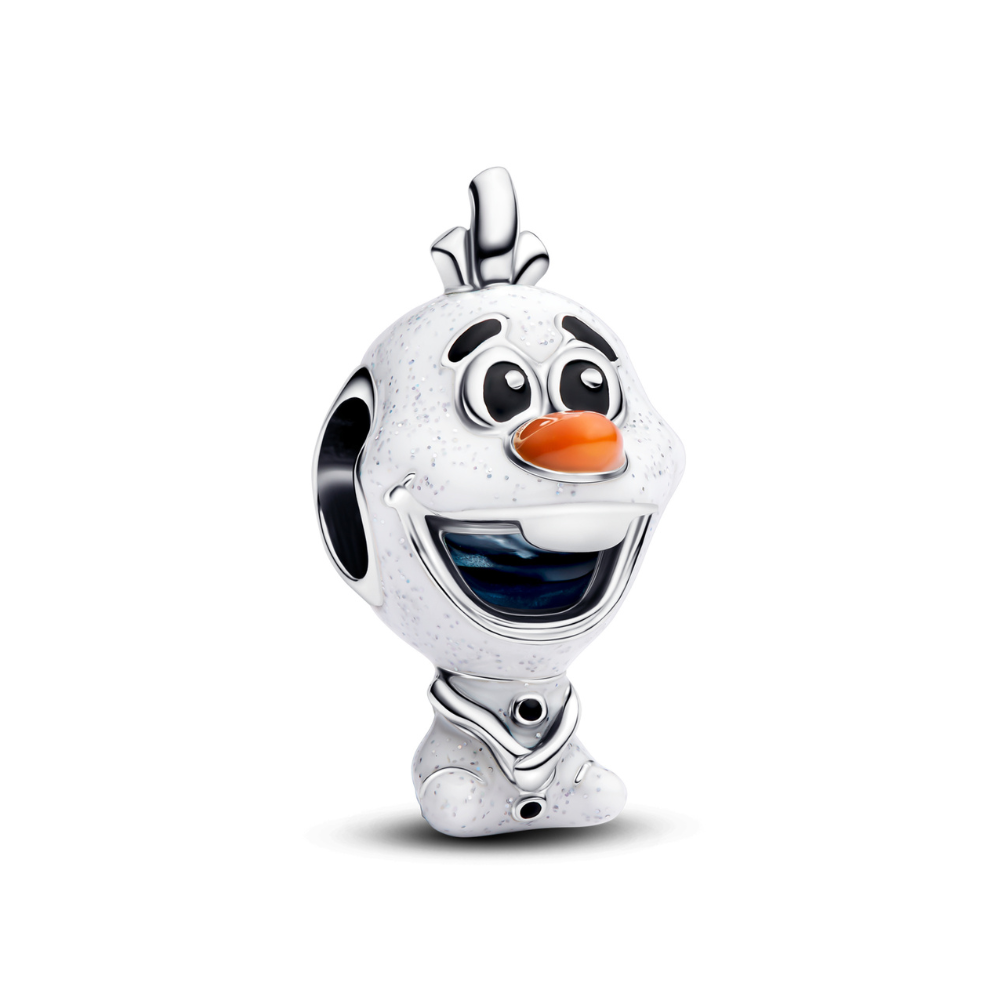 Olaf snowman charm featuring a smiling character with an orange nose and sparkly details.