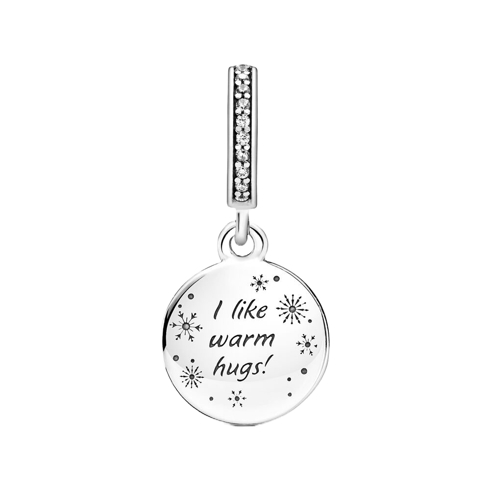 Disney Frozen Olaf Snowy Dangle Charm featuring the text 'I like warm hugs!' with snowflake designs.