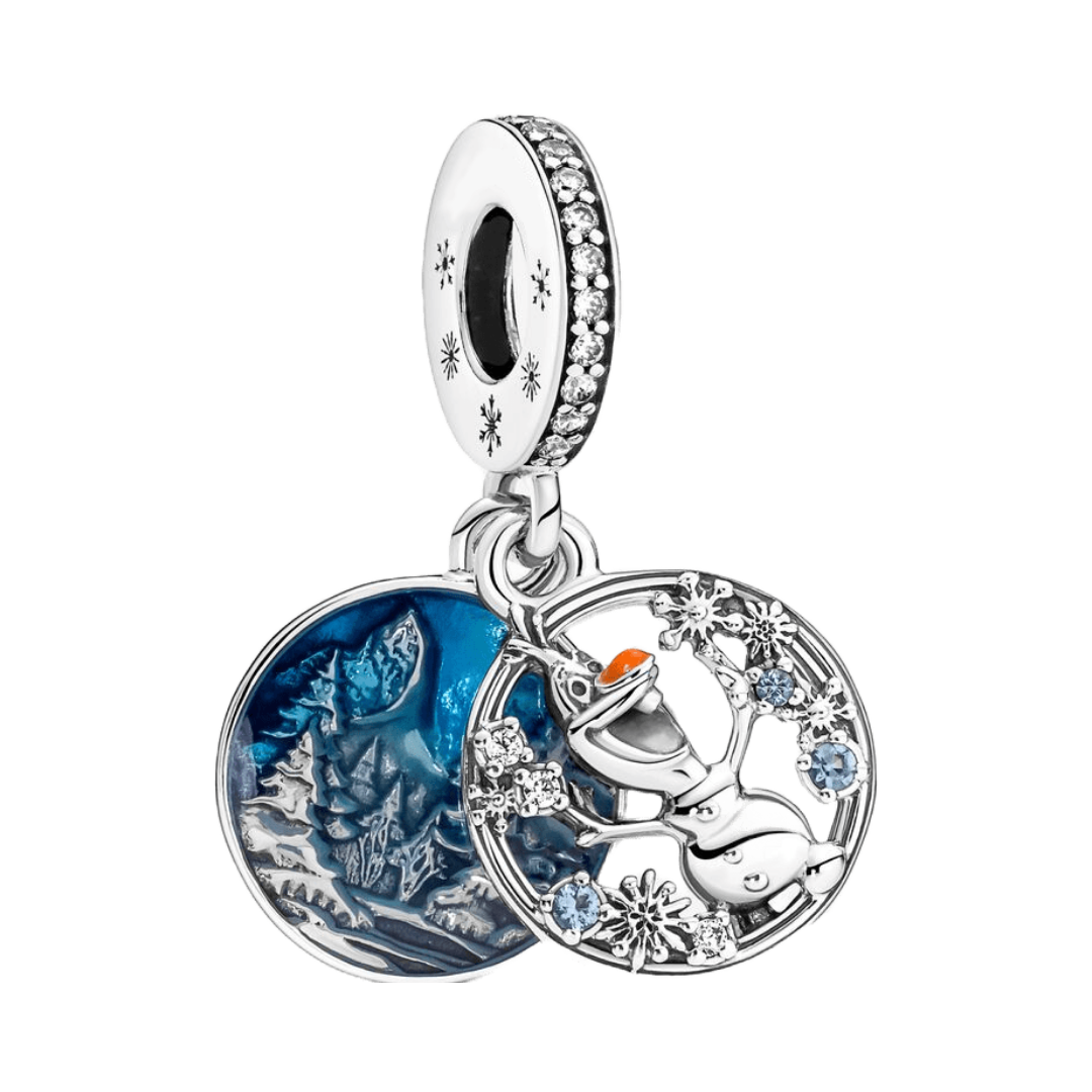 Disney Frozen Olaf Snowy Dangle Charm featuring Olaf with winter scene design and sparkling details.