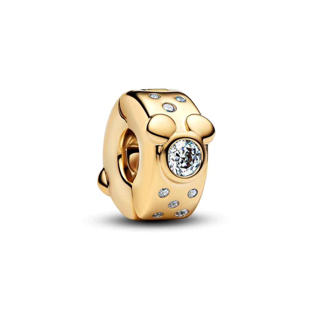 Mickey and Minnie clip charm featuring gold plating and sparkling stones, ideal for Disney fans.