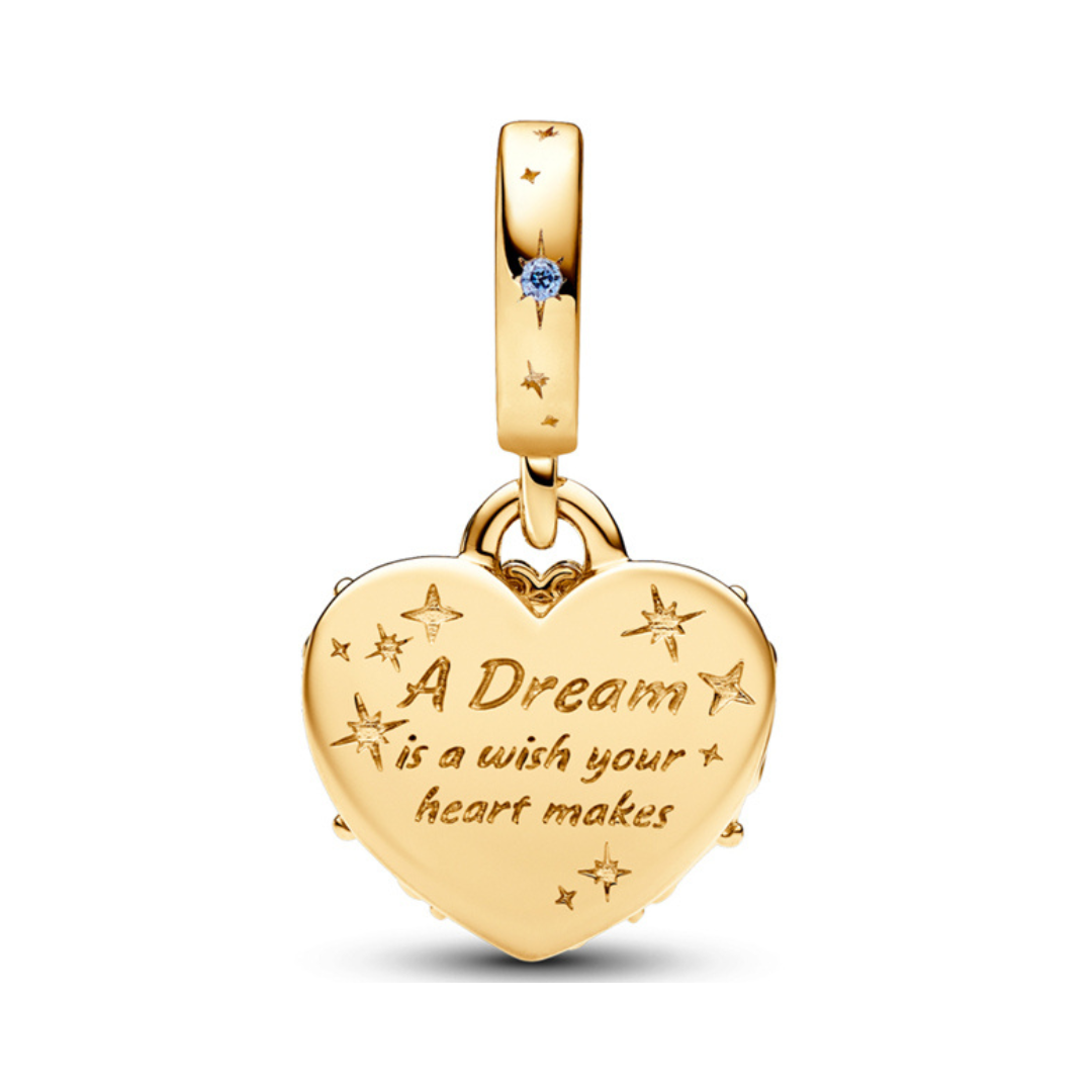 Disney Cinderella Enchanted Carriage Dangle Charm in gold heart shape with inspirational quote and sparkling star designs.