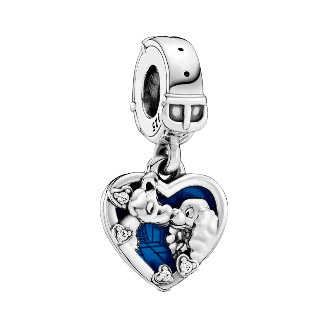Disney Lady and the Tramp Heart Dangle Charm featuring Lady and Tramp in a heart-shaped design with blue enamel.