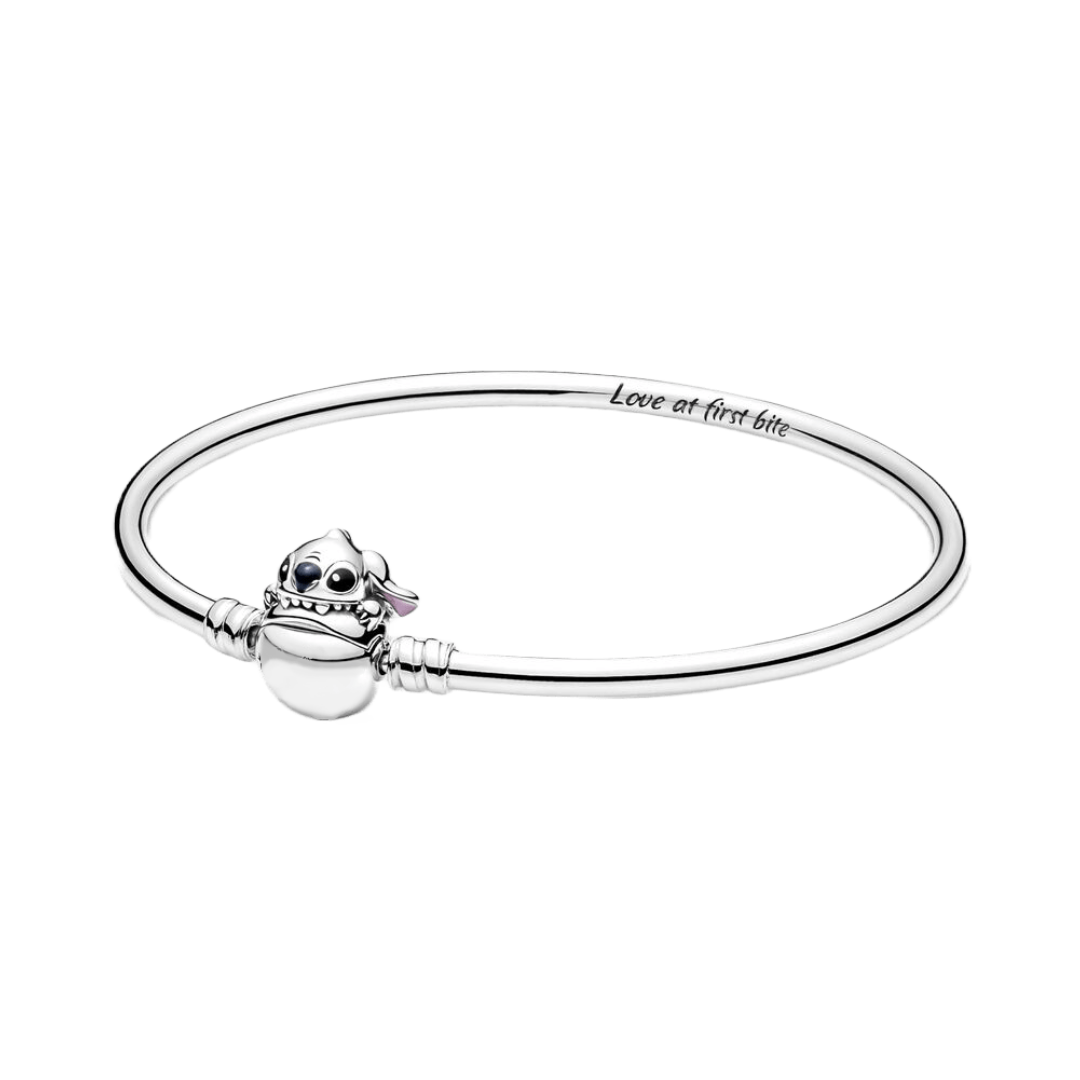 Disney Lilo and Stitch Biting Clasp Bangle Bracelet featuring Stitch character and text 'Love at first bite'