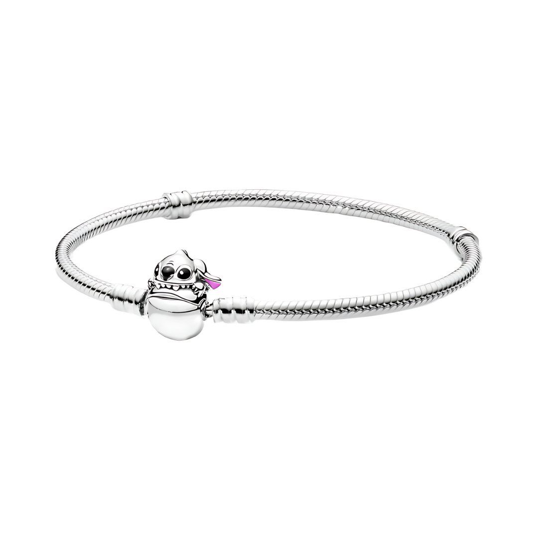 Disney Lilo and Stitch Biting Clasp Snake Chain Bracelet featuring a playful Stitch charm.