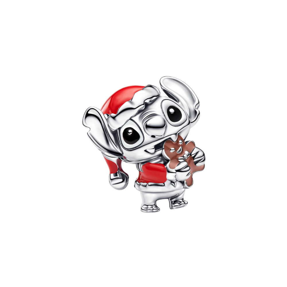 Disney Lilo and Stitch Festive Stitch Charm holding a gingerbread cookie, wearing a Santa hat.