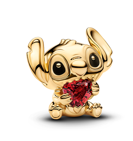 Disney Lilo and Stitch Golden Heart Charm with Stitch holding a sparkling red heart, symbolizing love and ohana.