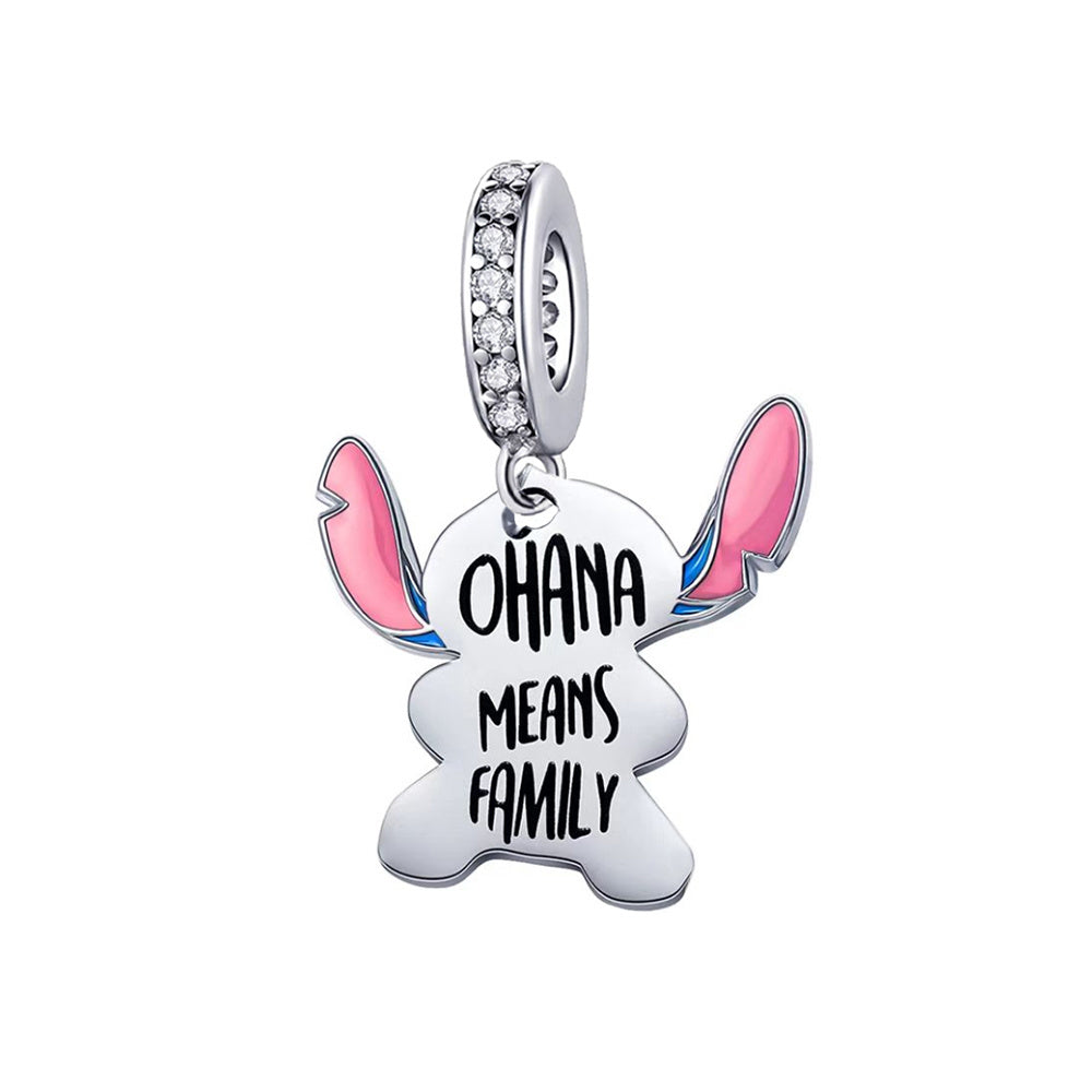 Disney Lilo and Stitch Ohana Family Dangle Charm ( DISCONTINUED) featuring Stitch with 'OHANA MEANS FAMILY' inscription.