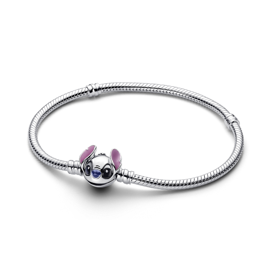 Disney Lilo and Stitch Snake Chain Bracelet featuring Stitch charm on a sleek silver band.