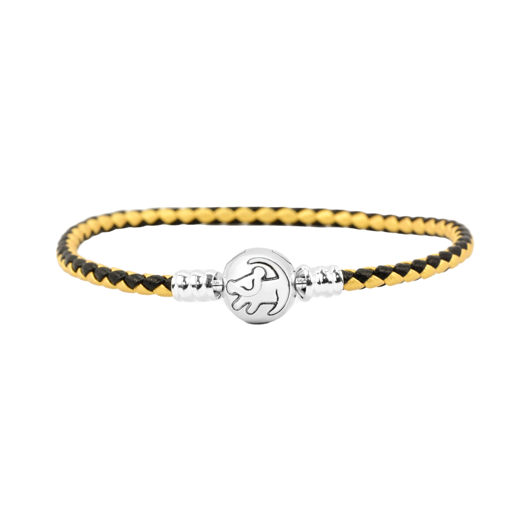 Disney The Lion King Simba Gold and Black Leather Bracelet featuring braided leather and a silver lion charm.