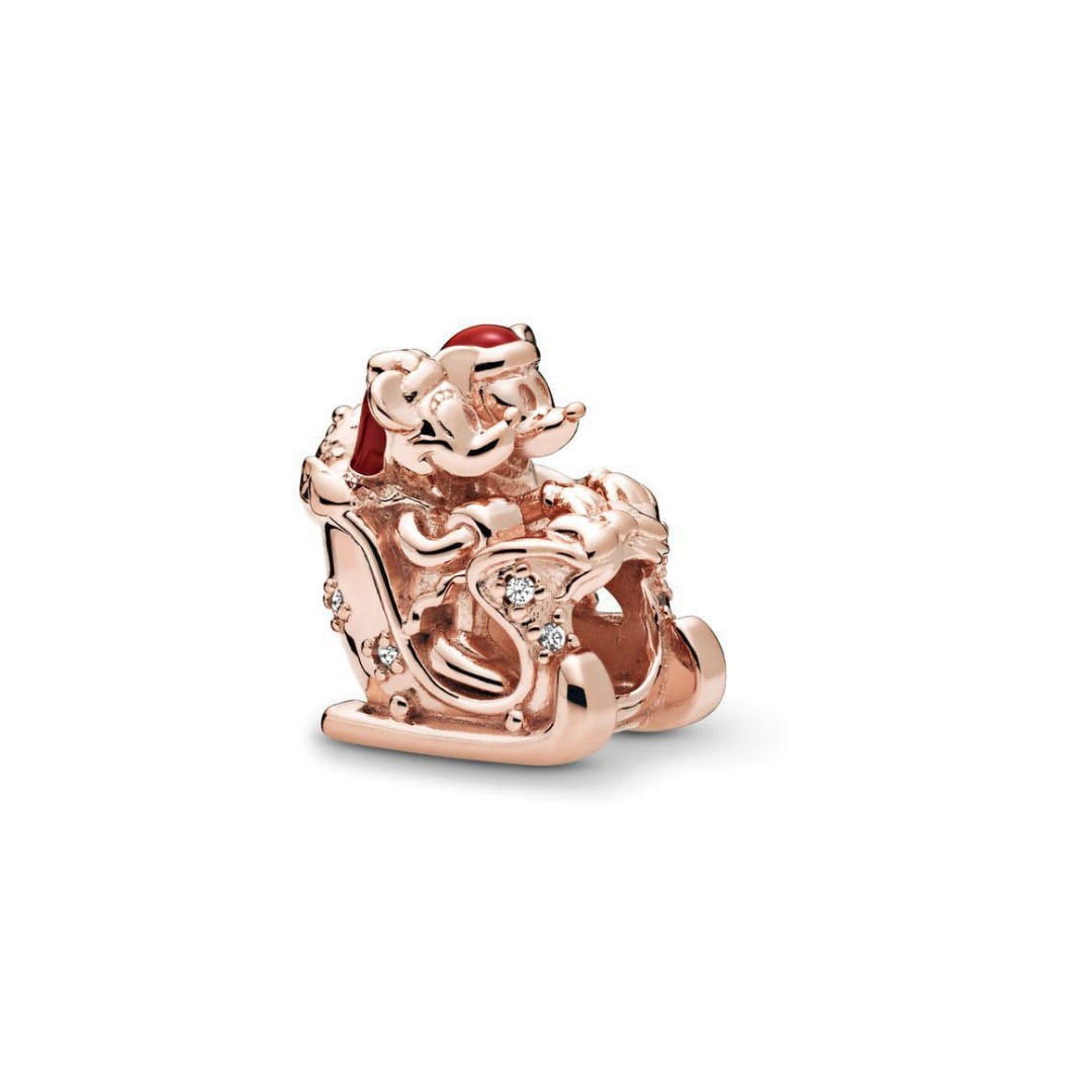 Disney Mickey And Minnie Christmas Sleigh Charm in rose gold with crystals and Mickey's red Santa hat.