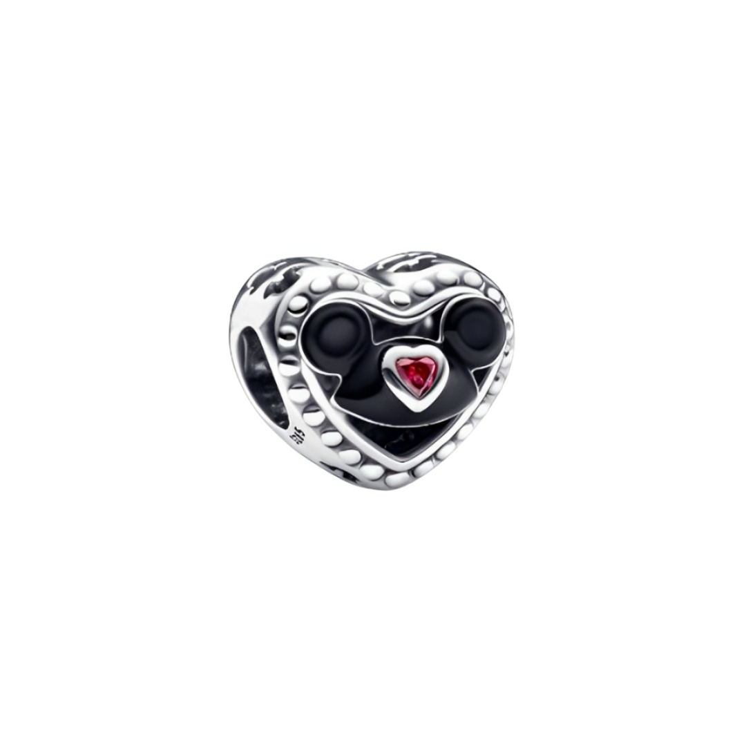 Disney Mickey and Minnie Heart Castle Charm ( DISCONTINUED) featuring a polished silver heart with enamel accents and a red stone.