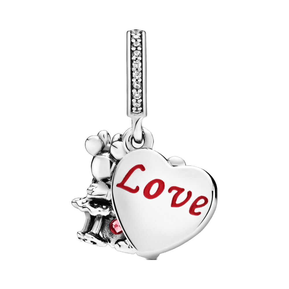 Disney Mickey and Minnie Love Heart Dangle Charm with red heart and sparkling detail.